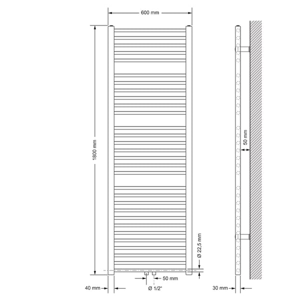 Badeværelsesradiator 600x1800 mm hvid, lige, gulvtilslutningssæt