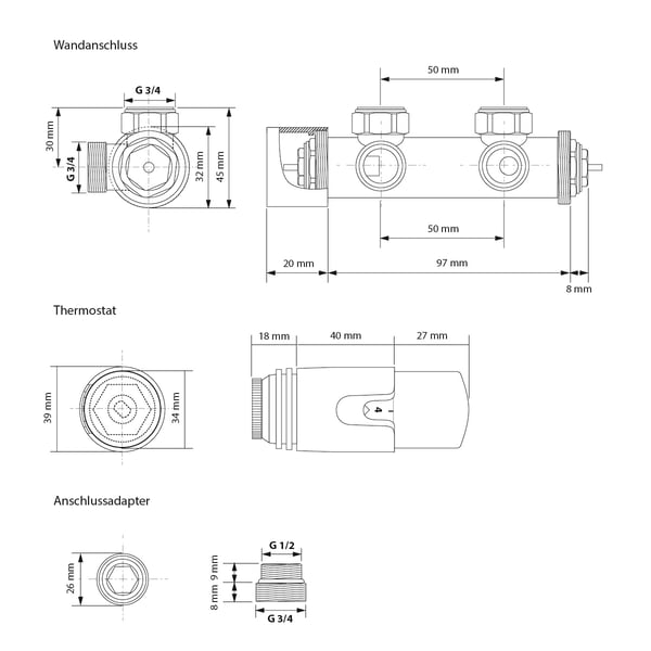 LuxeBath panelradiator Stella centertilslutning lodret 370 x 1800 mm hvid inkl. tilslutningssæt med termostat hjørneform vægtilslutning, radiator