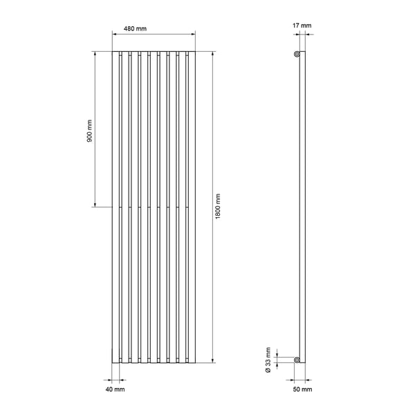Badeværelsesradiator centertilslutning 480x1800 mm hvid med vægtilslutningssæt LuxeBath