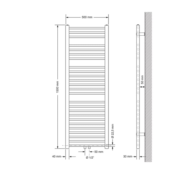 Badeværelsesradiator 500x1500 mm antracit lige vægtilslutningssæt