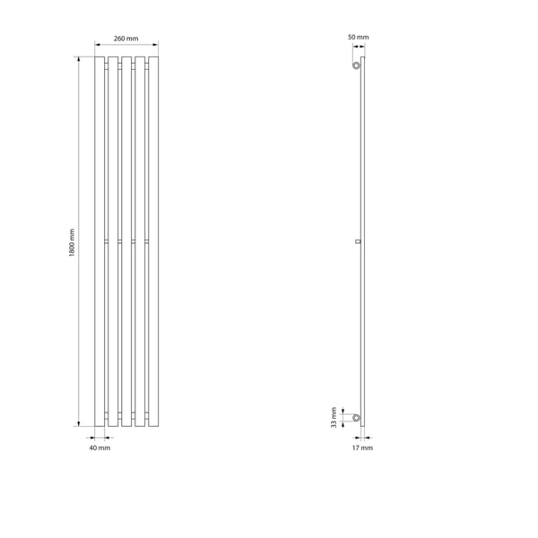 Badeværelsesradiator Stella 260x1800 mm hvid med universelt tilslutningssæt