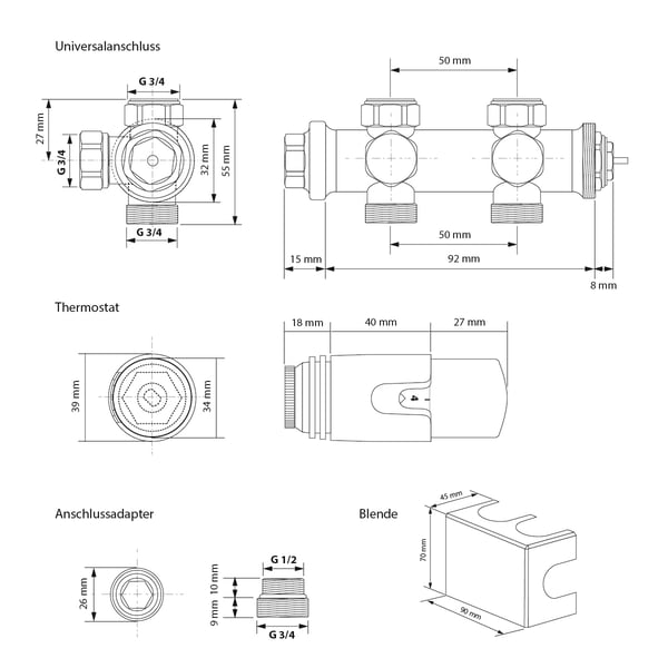 Badeværelsesradiator Lodret med centertilslutning 370x1600 mm Hvid med LuxeBath universaltilslutningssæt