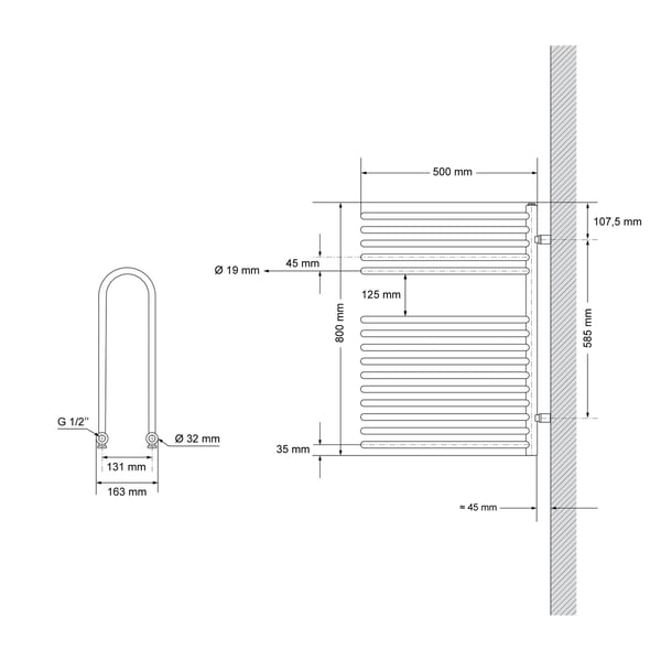Badeværelsesradiator U-formet rumdeler 500x800 mm antracit LuxeBath