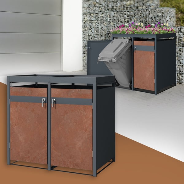 Affaldsspand med plantetag til 2 spande op til 240L 132x80x124 cm rust-look stål ML-design