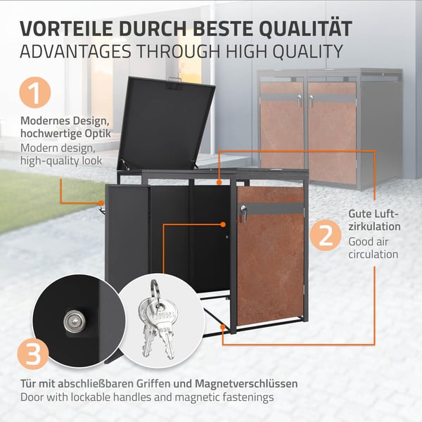 Roskakori 2 roskikselle enintään 240L 132x80x116,3 cm antrasiitti/ruosteen näköinen teräs ML-muotoilu