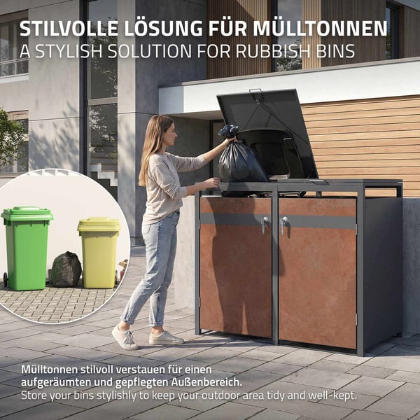 Roskakori 2 roskikselle enintään 240L 132x80x116,3 cm antrasiitti/ruosteen näköinen teräs ML-muotoilu