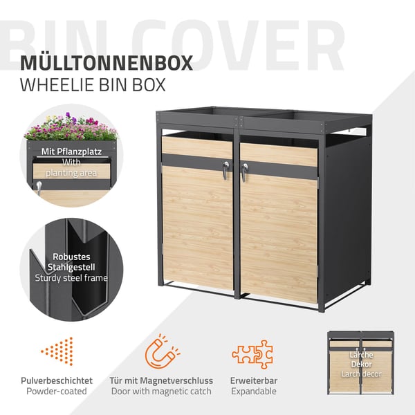 Affaldsspand med plantetag til 2 spande op til 240L 132x80x124 cm lærkelook stål ML-design