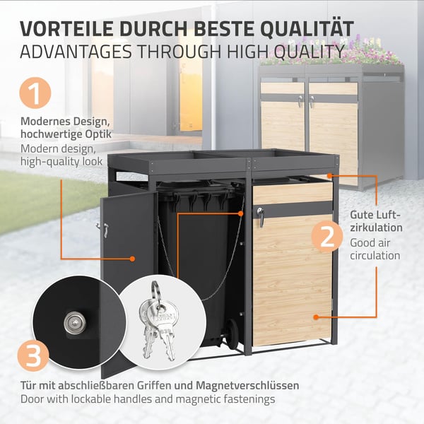 Affaldsspand med plantetag til 2 spande op til 240L 132x80x124 cm lærkelook stål ML-design