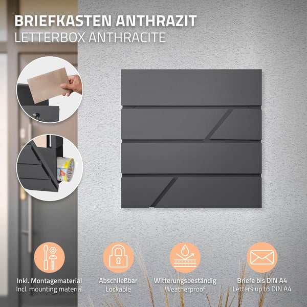 Brevkasse 37x36,5x11 cm antracit/sort marmor-look stål ML design