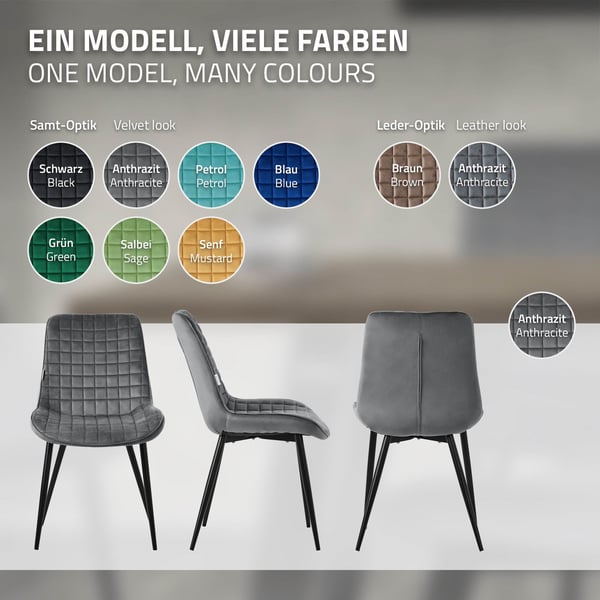 Matstol set om 2 antracit med sammetsöverdrag och stålben Köksstol med ryggstöd ML-design