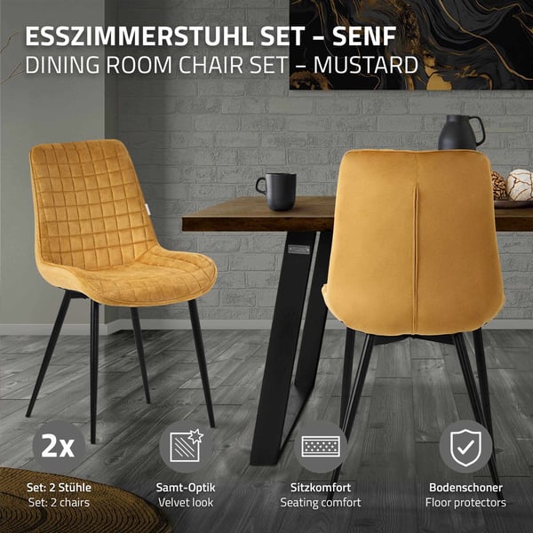 Matstol set om 2 senapsgula med sammetsöverdrag och stålben Köksstol med ryggstöd ML design