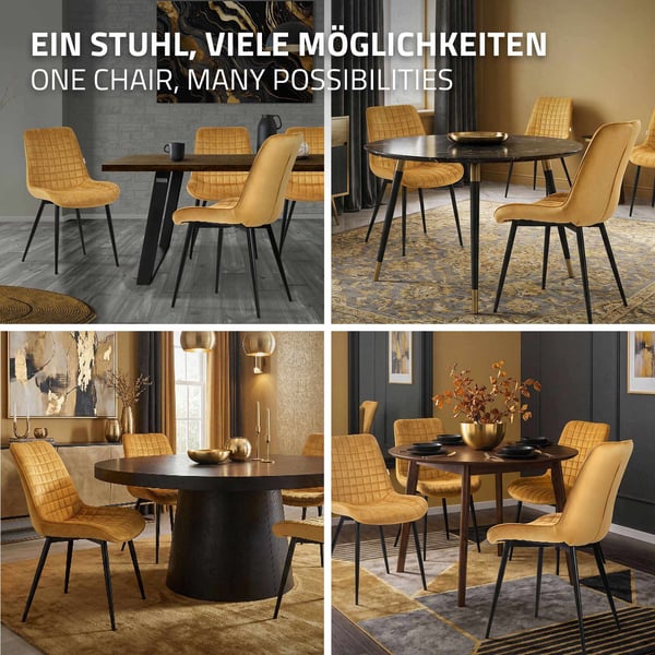 Matstol set om 2 senapsgula med sammetsöverdrag och stålben Köksstol med ryggstöd ML design