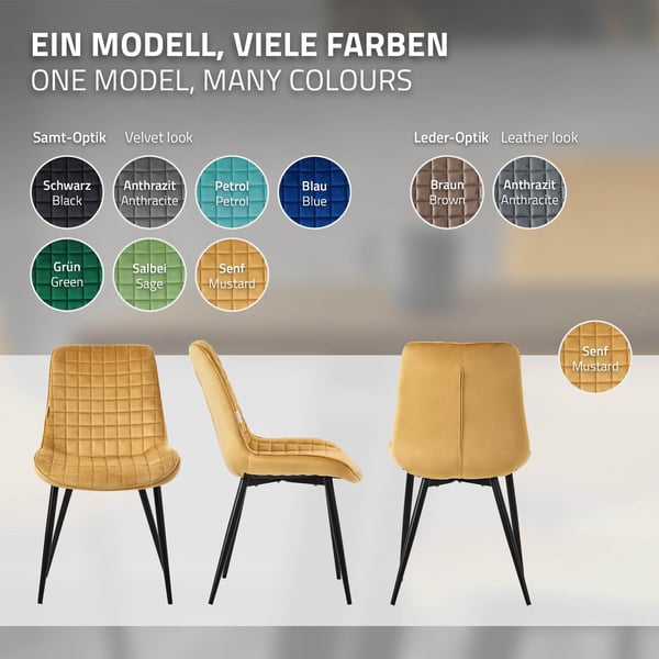 Matstol set om 2 senapsgula med sammetsöverdrag och stålben Köksstol med ryggstöd ML design