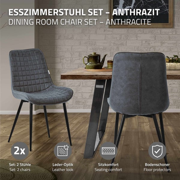 Matstol set om 2 antracit med konstläderklädsel och stålben Köksstol med ryggstöd ML-design