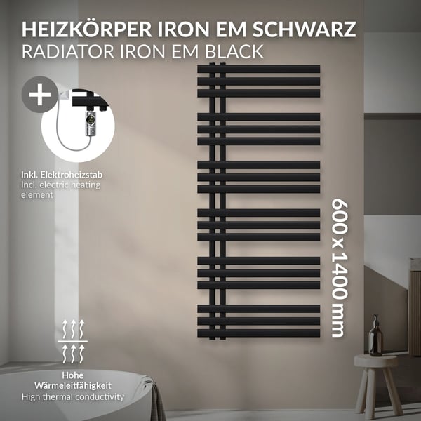 Design badeværelsesradiator Iron EM 600x1400 mm sort mat Luxe Bath