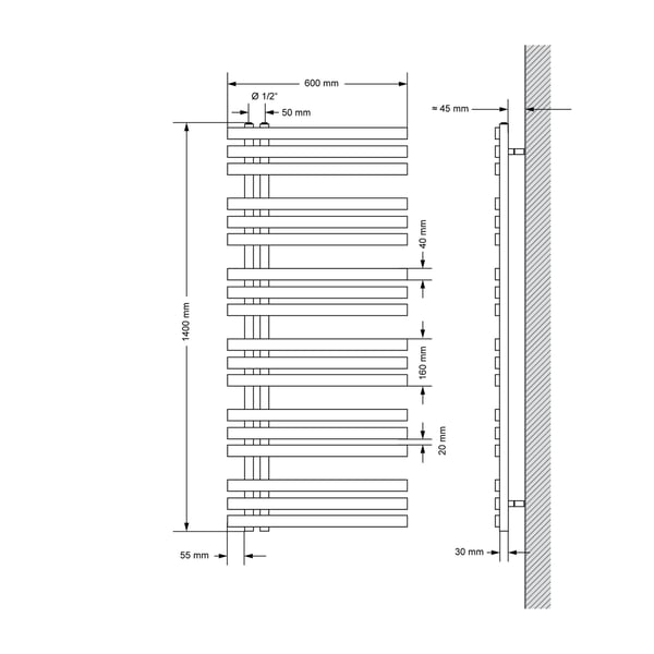 Design badeværelsesradiator Iron EM 600x1400 mm sort mat Luxe Bath