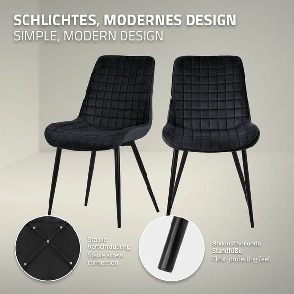Matstol set om 4 svart med sammetsöverdrag och stålben Köksstol med ryggstöd ML design