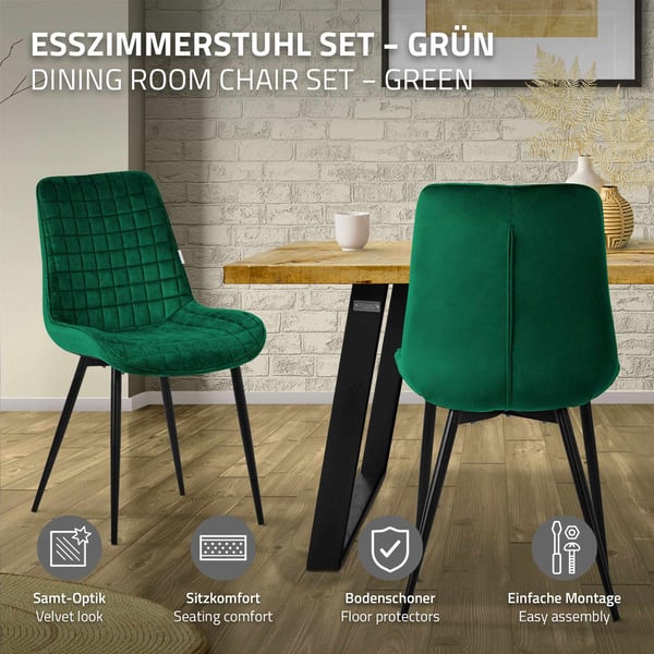 Matstol set om 6 mörkgröna med sammetsöverdrag och stålben Köksstol med ryggstöd ML design
