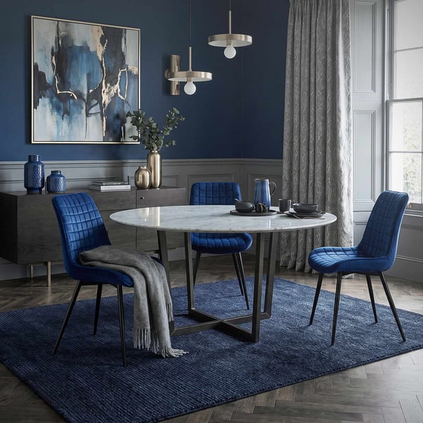 Matstol set om 6 mörkblå med sammetsöverdrag och stålben Köksstol med ryggstöd ML design