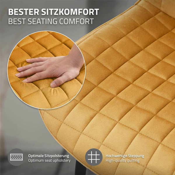 Matstol set om 4 senapsgula med sammetsöverdrag och stålben Köksstol med ryggstöd ML design