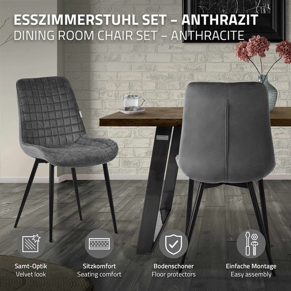 ML-Design matsalsstolar set om 6, antracit, sammetssits med svarta metallben, köksstolar med ryggstöd, vardagsrumsstolar, stoppade stolar för matsal