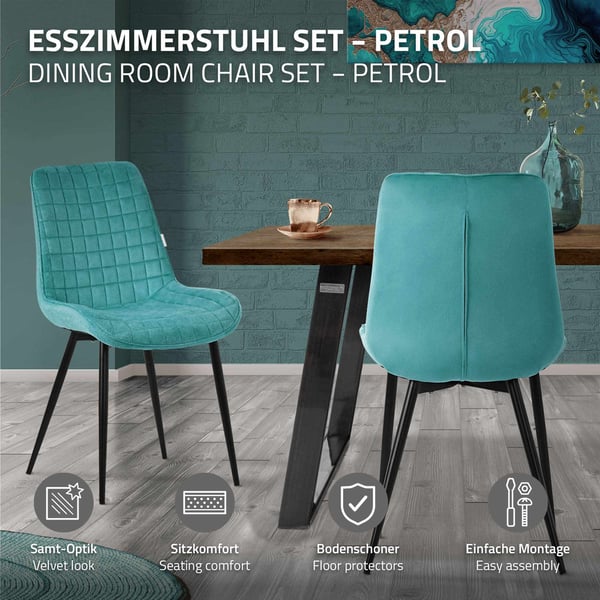 Matstol set om 4 petrol med sammetsöverdrag och stålben Köksstol med ryggstöd ML-design