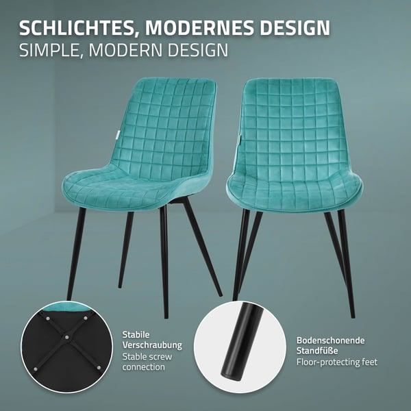 Matstol set om 4 petrol med sammetsöverdrag och stålben Köksstol med ryggstöd ML-design