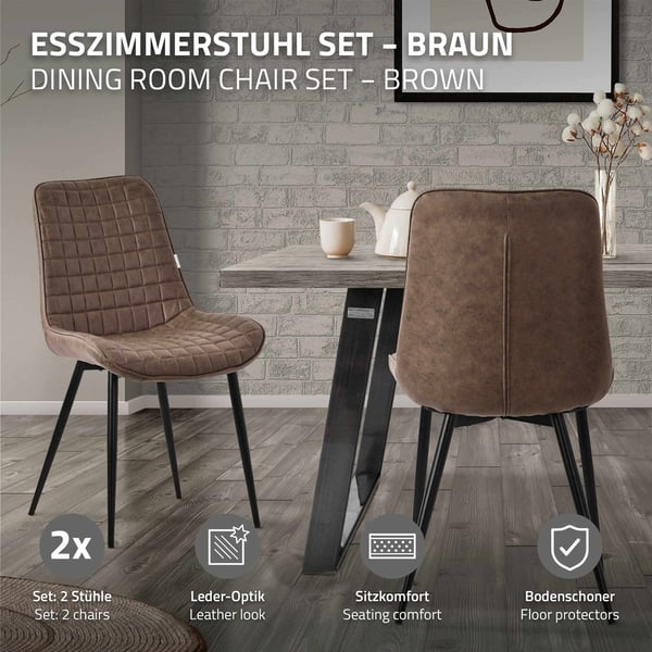 Matstol set om 2 brun med konstläderklädsel och stålben Köksstol med ryggstöd ML-design