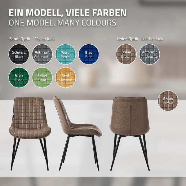 Matstol set om 6 brun med konstläderklädsel och stålben Köksstol med ryggstöd ML-design