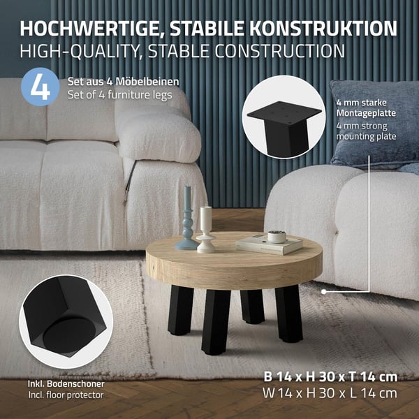 ML-Design sæt med 4 bordben vinklet H:30 cm, blank sort, fremstillet af pulverlakeret stål, vinkelformet, profil 8x8 cm, I-form, møbelben metal 96°
