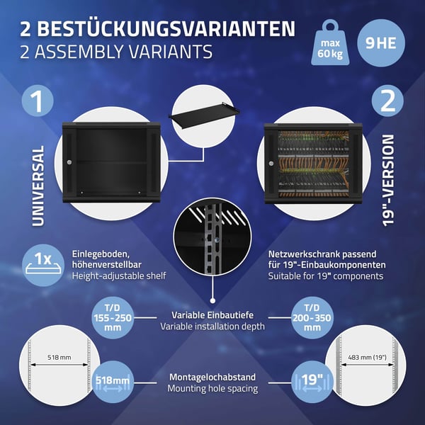 ECD Germany Netværksskab 9 U, serverskab 19 tommer, sort, vægmontering, 450 mm dybde, 600 x 500 x 450 mm, fuldt monteret, serverhus med låsbar