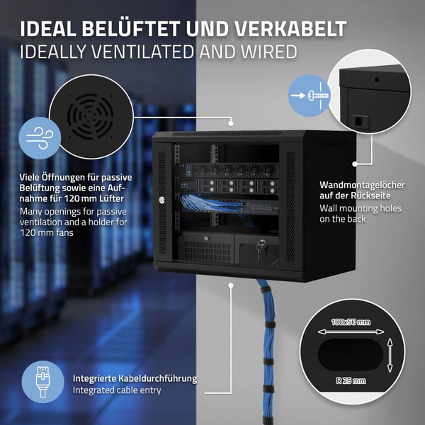 ECD Germany Netværksskab 9 U, serverskab 19 tommer, sort, vægmontering, 450 mm dybde, 600 x 500 x 450 mm, fuldt monteret, serverhus med låsbar