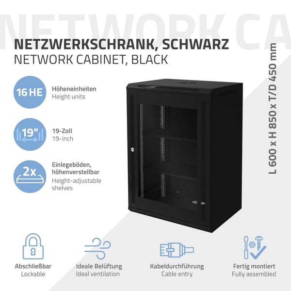 ECD Germany Netværksskab 16 U, serverskab 19 tommer, sort, vægmontering, 450 mm dybde, 600 x 850 x 450 mm, færdigmonteret, serverhus med låsbar