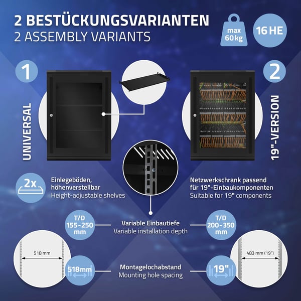 ECD Germany Netværksskab 16 U, serverskab 19 tommer, sort, vægmontering, 450 mm dybde, 600 x 850 x 450 mm, færdigmonteret, serverhus med låsbar