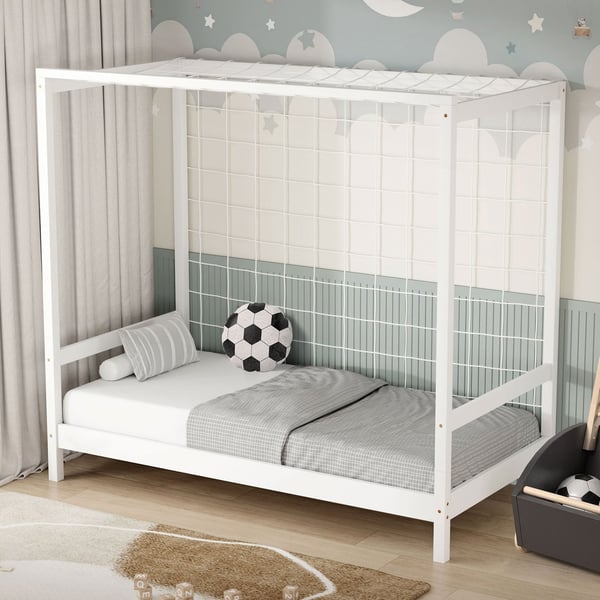 ML-Design lasten sänky jalkapallomaali 80x160 cm, valkoinen, yhden hengen sänky lapsille, puinen sänky, jossa on sälepohja ja maaliverkko, nuorten