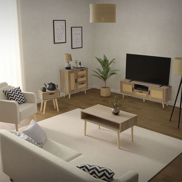 ML-Design sæt med 2 sengeborde med 1 skuffe, 40x50,5x30 cm, egetræslook, sengebord rattanfront massivt træfødder, sengebordskommode til boxspring