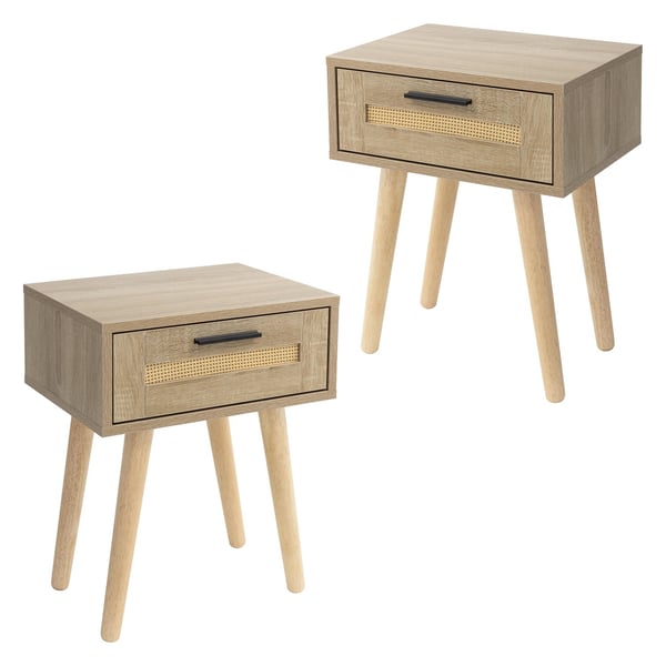 ML-Design set med 2 sängbord med 1 låda, 40x50,5x30 cm, ekutseende, sängskåp rottingfront massiva träfötter, sängbordslåda för boxspringbädd sovrum,