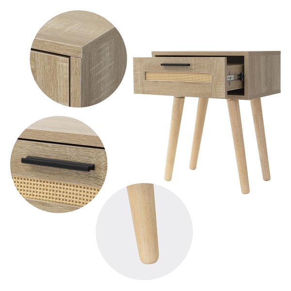 ML-Design sæt med 2 sengeborde med 1 skuffe, 40x50,5x30 cm, egetræslook, sengebord rattanfront massivt træfødder, sengebordskommode til boxspring