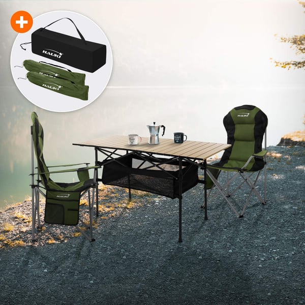 Hauki campingmöbel set 3 st. campingbord hopfällbart beige med 2 campingstolar khaki, camping set för 2 personer med bärväska, hopfällbart