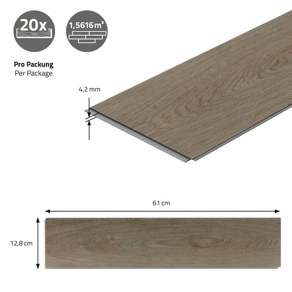 ML-Design Deluxe PVC-gulv, klikvinylplanker vinylgulv, 61cmx12,8cmx4,2mm, tykkelse 4,2mm, 4,68m²/60 planker, sildebensmørk eg, brun, trælook,