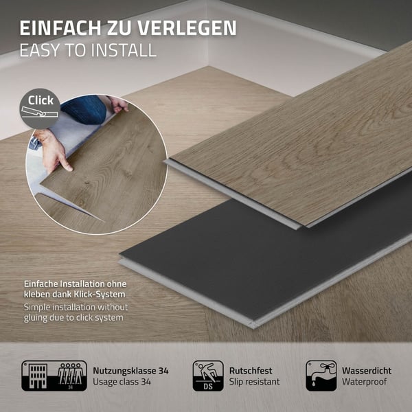 ML-Design Deluxe PVC-gulv, klikvinylplanker vinylgulv, 61cmx12,8cmx4,2mm, tykkelse 4,2mm, 4,68m²/60 planker, sildebensmørk eg, brun, trælook,