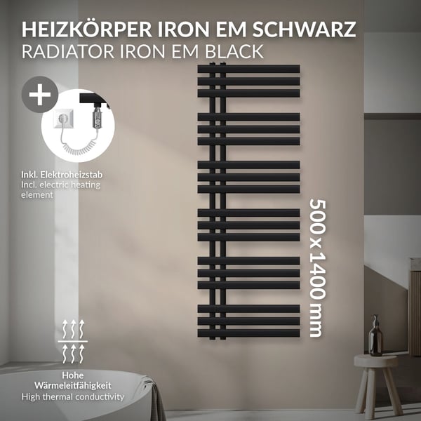 LuxeBath elektrisk badeværelsesradiator Iron EM 500 x 1400 mm sort mat inkl. varmeelement krom 1200W med termostat enkelt, håndklæderadiator med