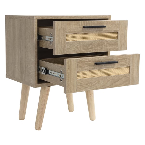 ML-Design sæt med 2 sengeborde med 2 skuffer, 40x50,5x30 cm egetræslook, sengebord rattan front massivt træ fødder, sengebord kommode til boxspring