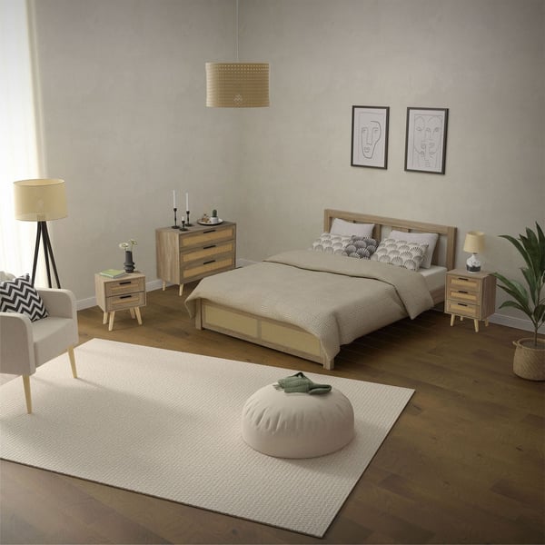 ML-Design sæt med 2 sengeborde med 2 skuffer, 40x50,5x30 cm egetræslook, sengebord rattan front massivt træ fødder, sengebord kommode til boxspring