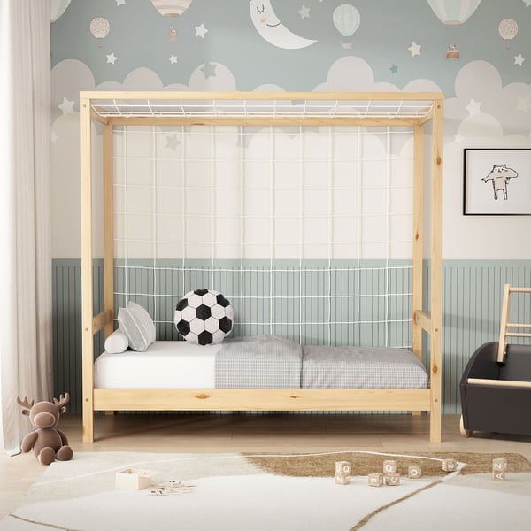 ML-Design børneseng fodboldmål 70x140 cm, natur, enkeltseng til børn, træseng med lamelbund & målnet, ungdomsseng af fyrretræ, sengeramme til