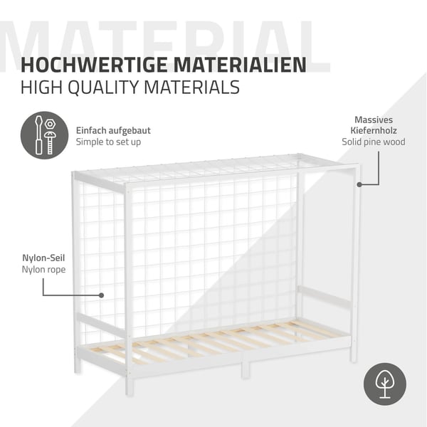 ML-Design børneseng fodboldmål 90x200 cm, hvid, enkeltseng til børn, træseng med lamelbund &amp; målnet, ungdomsseng af fyrretræ, sengeramme til