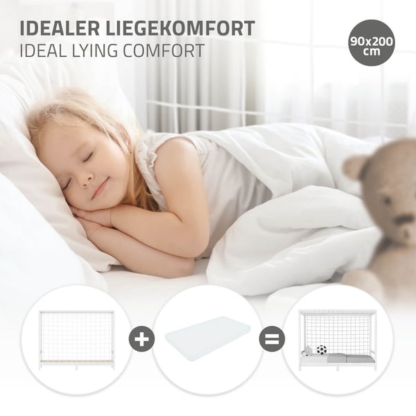 ML-Design børneseng fodboldmål 90x200 cm, hvid, enkeltseng til børn, træseng med lamelbund &amp; målnet, ungdomsseng af fyrretræ, sengeramme til