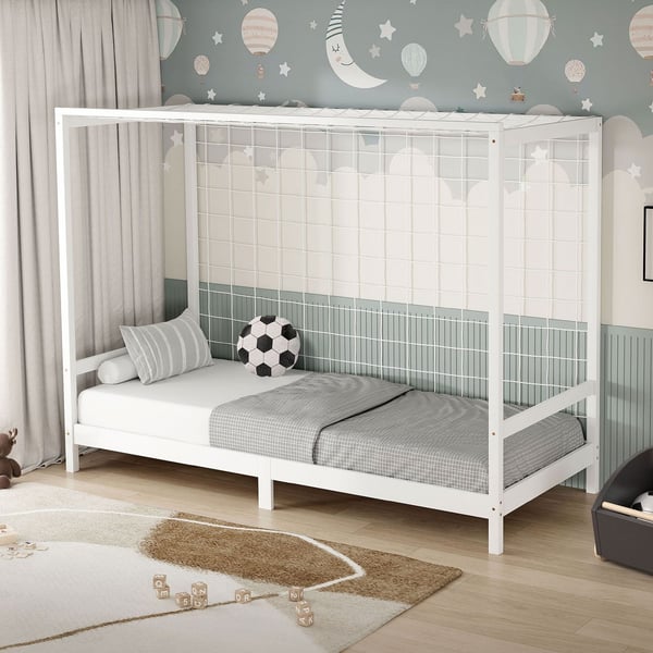 ML-Design lasten sänky jalkapallomaali 90x200 cm, valkoinen, yhden hengen sänky lapsille, puinen sänky, jossa on ristikkorunko ja maaliverkko,