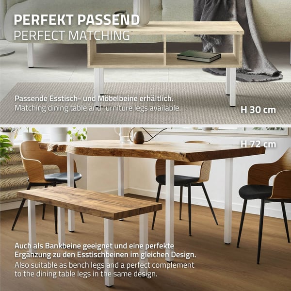 ML-Design sæt med 4 bordben I-Design 42 cm, blank hvid, af pulverlakeret stål, kantet, firkantet profil 4x4 cm, højdejusterbare møbelben 1-4 cm,