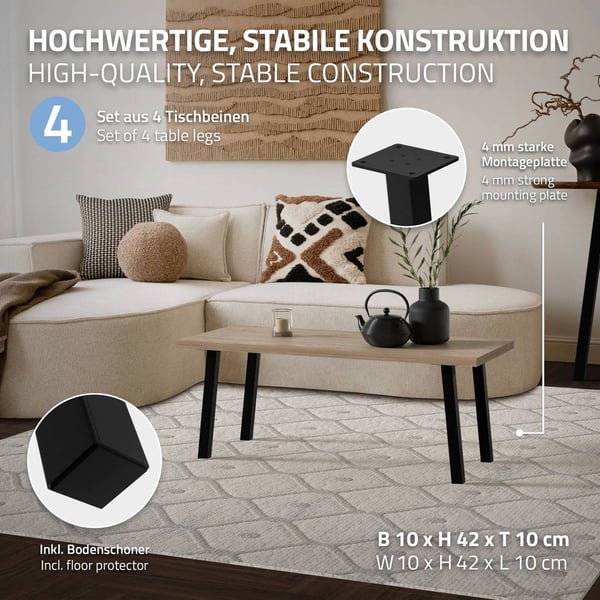 ML-Design sæt med 4 bordben vinklet H:42 cm, blank sort, fremstillet af pulverlakeret stål, kantet, profil 4x4 cm, I-form, møbelben metal 96°
